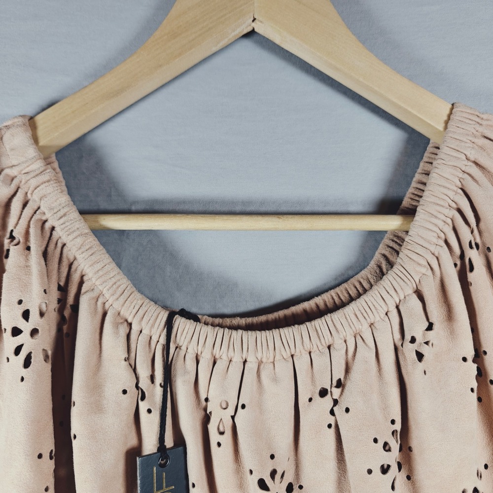 AS by DF Tan Leather Suede Off Shoulder Eyelet Ruffle Dress Tan Nude Medium READ - Picture 13 of 13